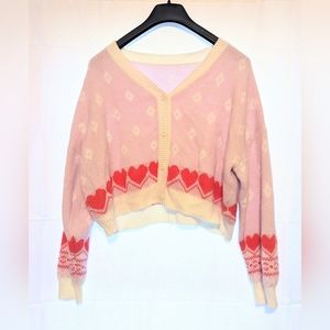 Pink Hearts Knit Button Up Sweater